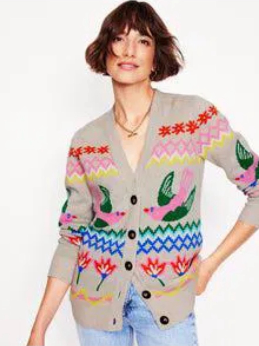 Boden Fair Isle Boyfriend Cardigan in Oatmeal Melange | Size XS